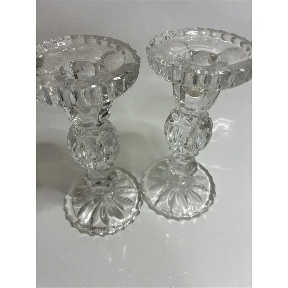 PAIR Vintage Clear Glass Candle Stick Holders 7.5